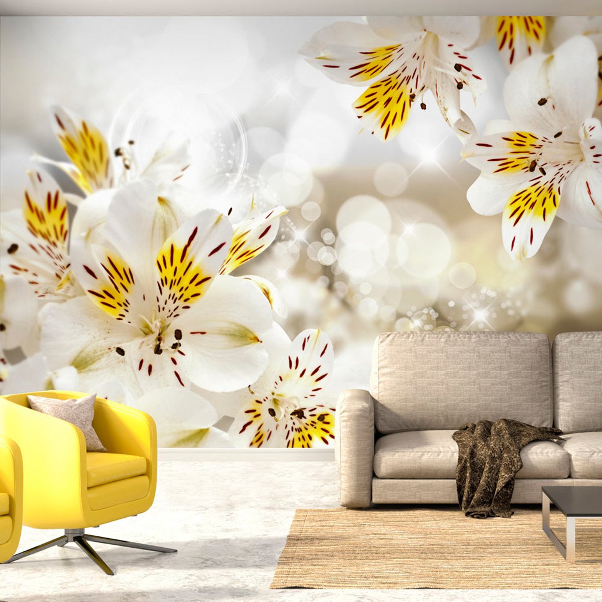 Papier peint intissé panoramique Fleurs Sunny Alstroemeria blanc, EDEN