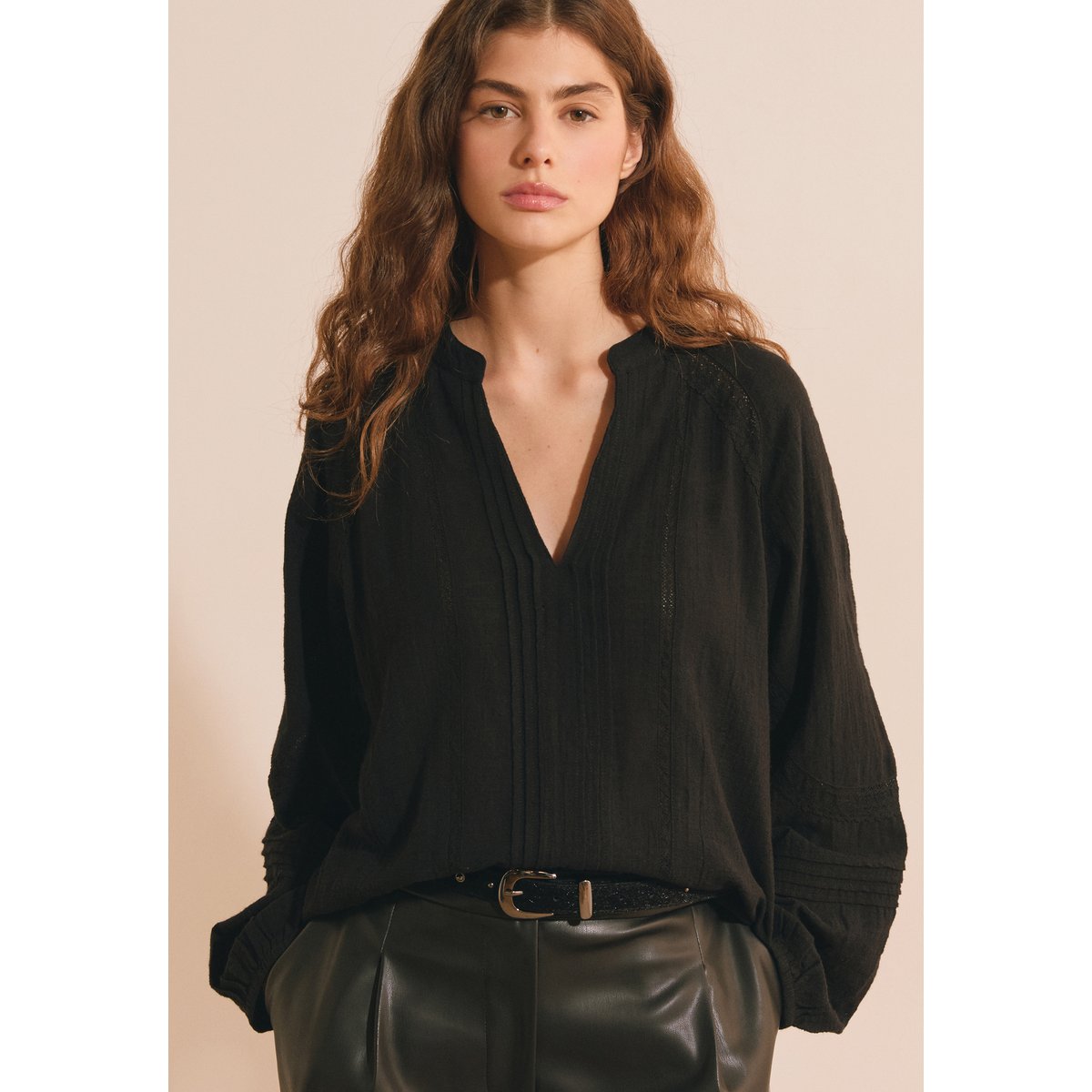 Blouse col V en coton BARBARA noir, ETAM