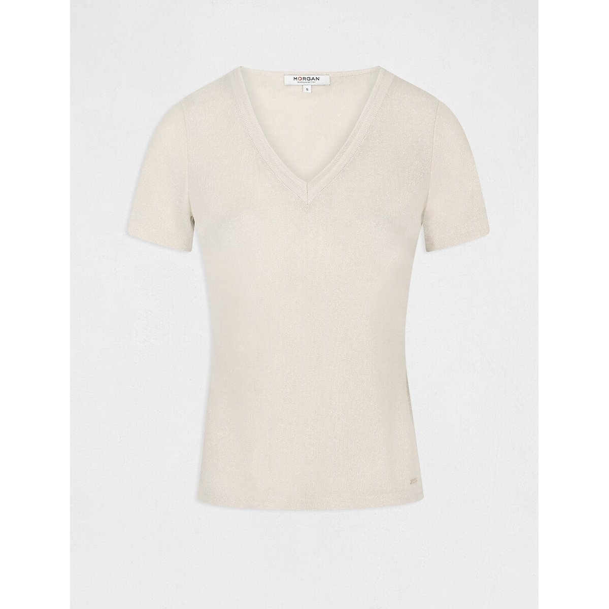 T-shirt manches courtes, col V, avec fibres métallisées ecru, MORGAN