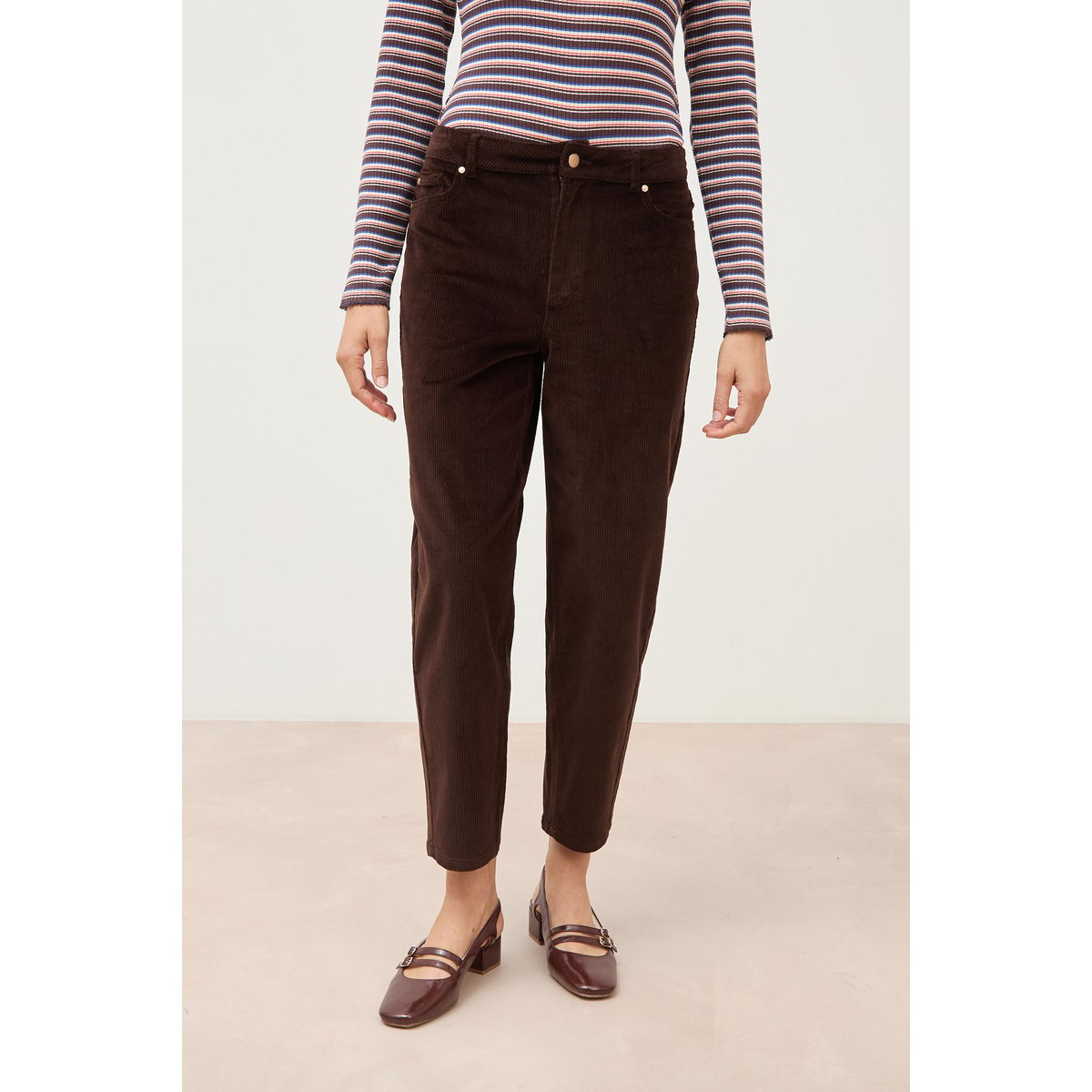 Pantalon taille haute velours resserré marron, BONOBO