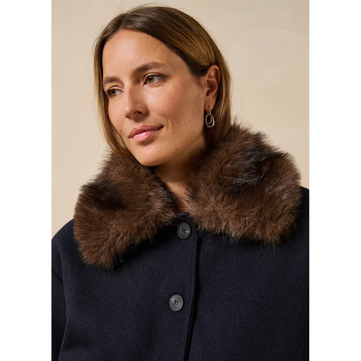 Blouson bomber en lainage col imitation fourrure marine, LA FEE MARABOUTEE