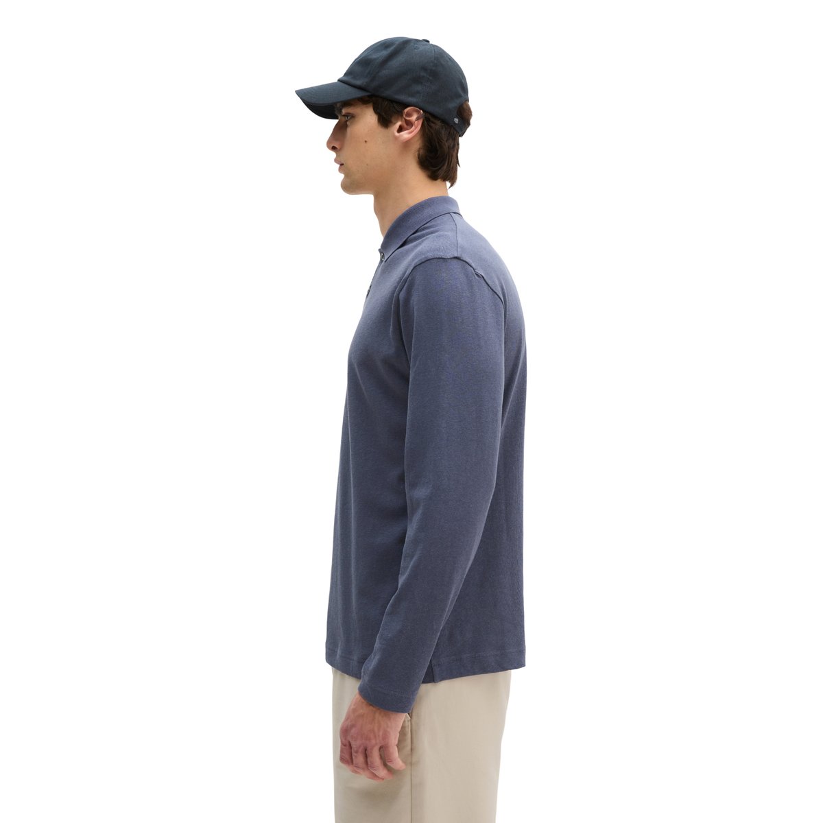 Polo à manches longues regular en coton et lin mélangés gris foncé, MARC O'POLO