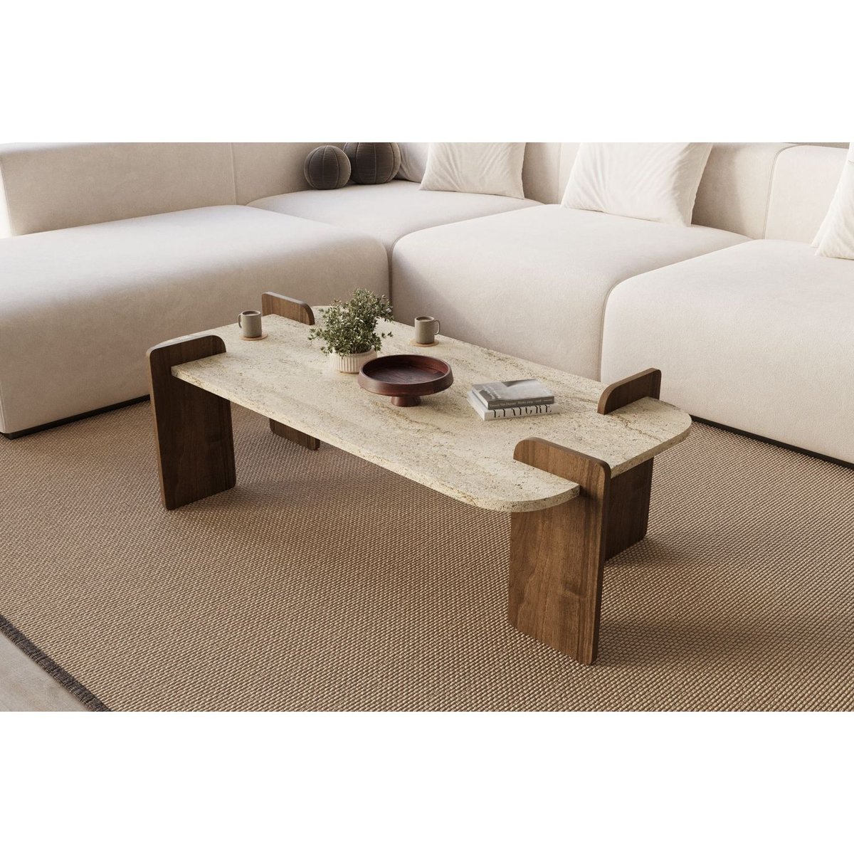 Table basse effet travertin et bois foncé ROMANE marron, TOILINUX