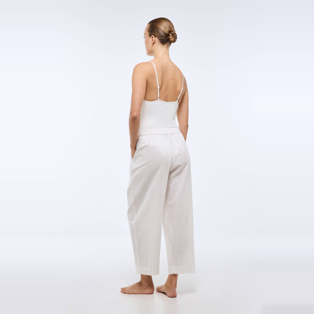 Pantalon ballon rayé en coton ecru, MONOPRIX