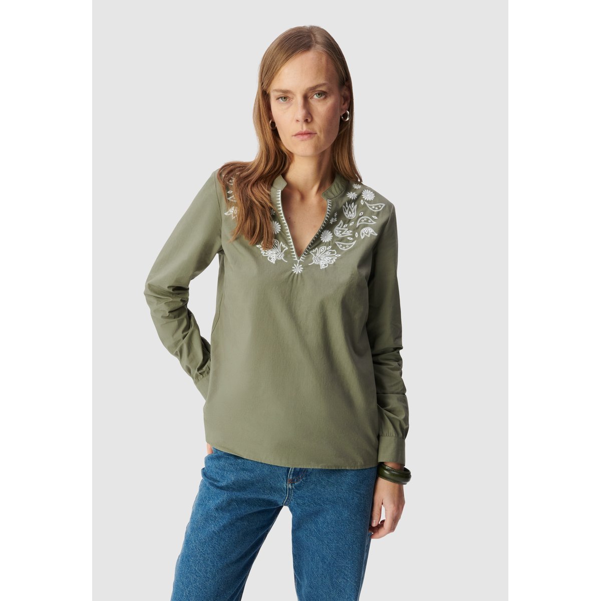 Blouse coton bio broderies plastron kaki, IKKS