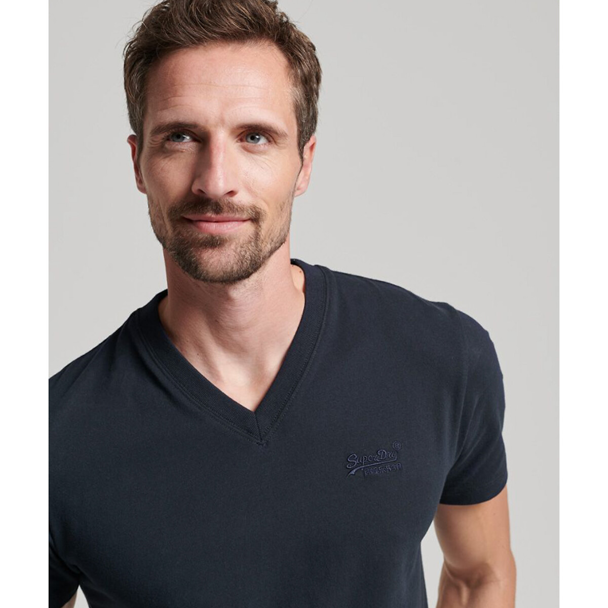 T-shirt col V vintage logo bleu marine, SUPERDRY
