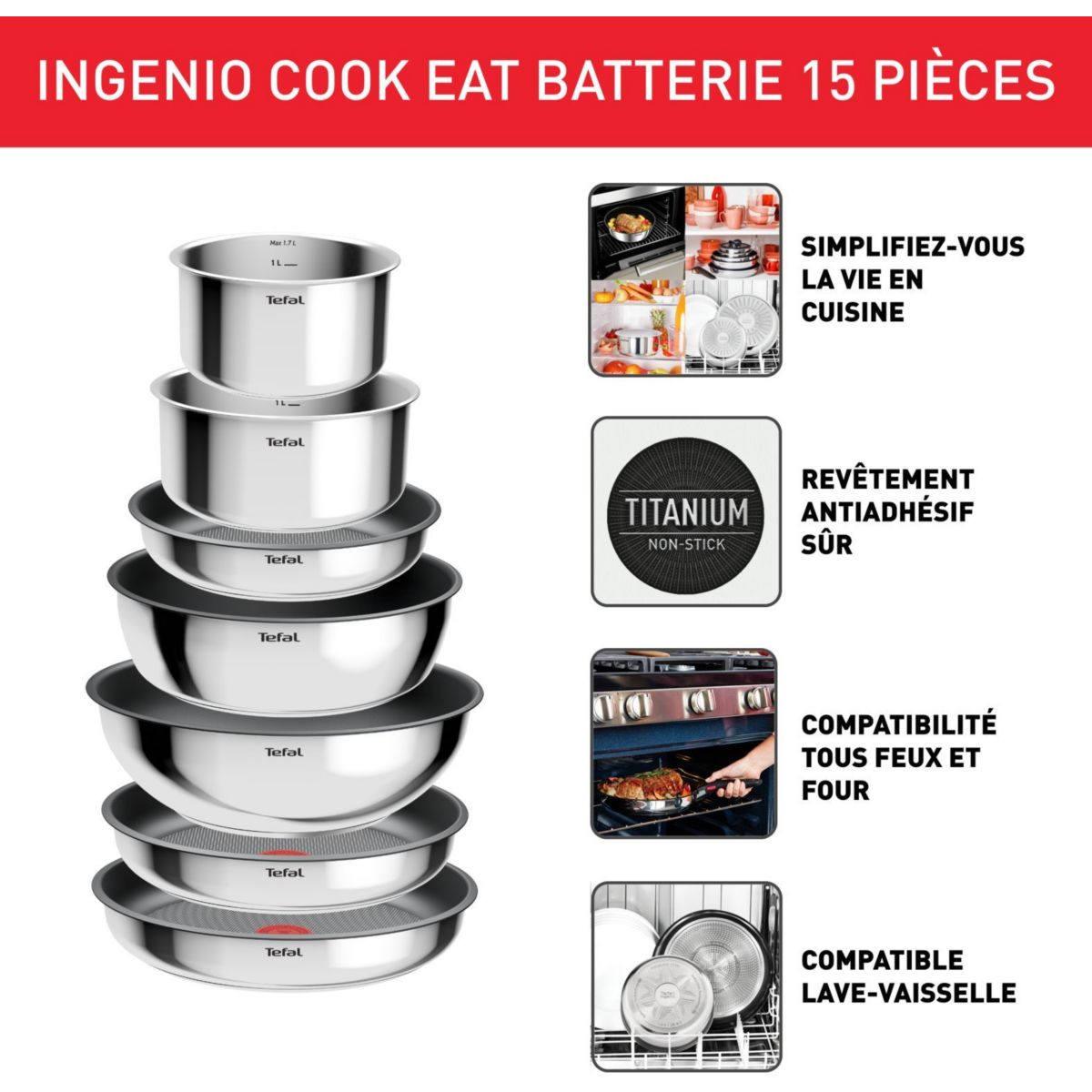 Batterie de cuisine Ingenio Cook Eat 15 pcs L881SF04 couleur unique, TEFAL