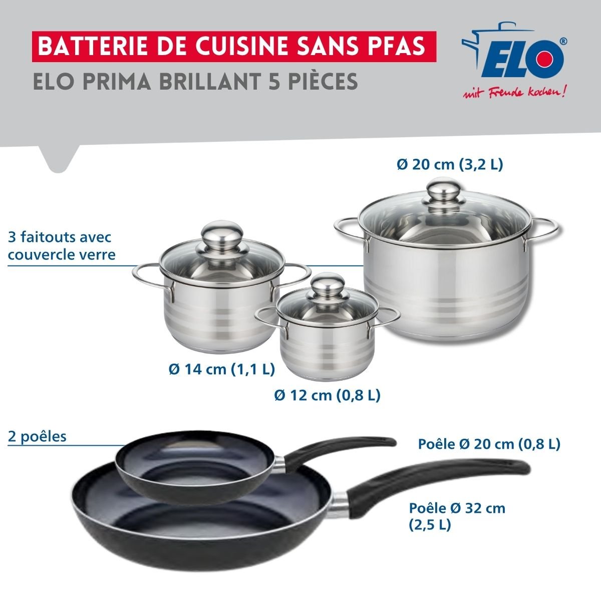 Batterie 2 poêles 20/32cm + 3 faitouts 12/14/20cm PRIMA BRILLANT noir, ELO