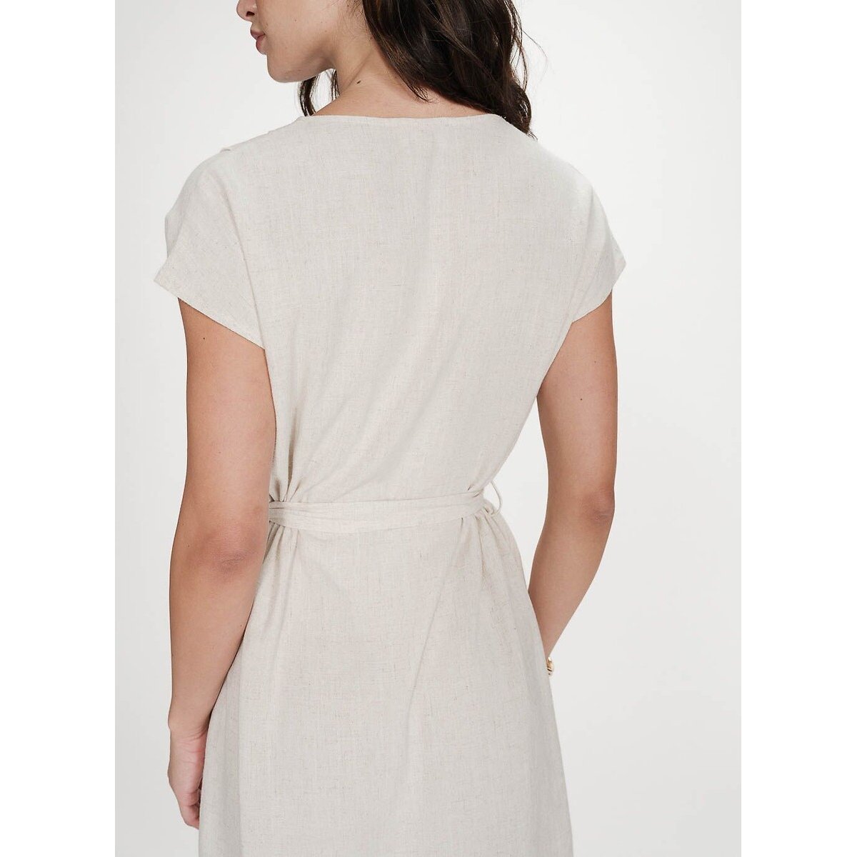 Vestido corto vaporoso con cinturón y cuello en pico MARILOU beige , GRACE & MILA