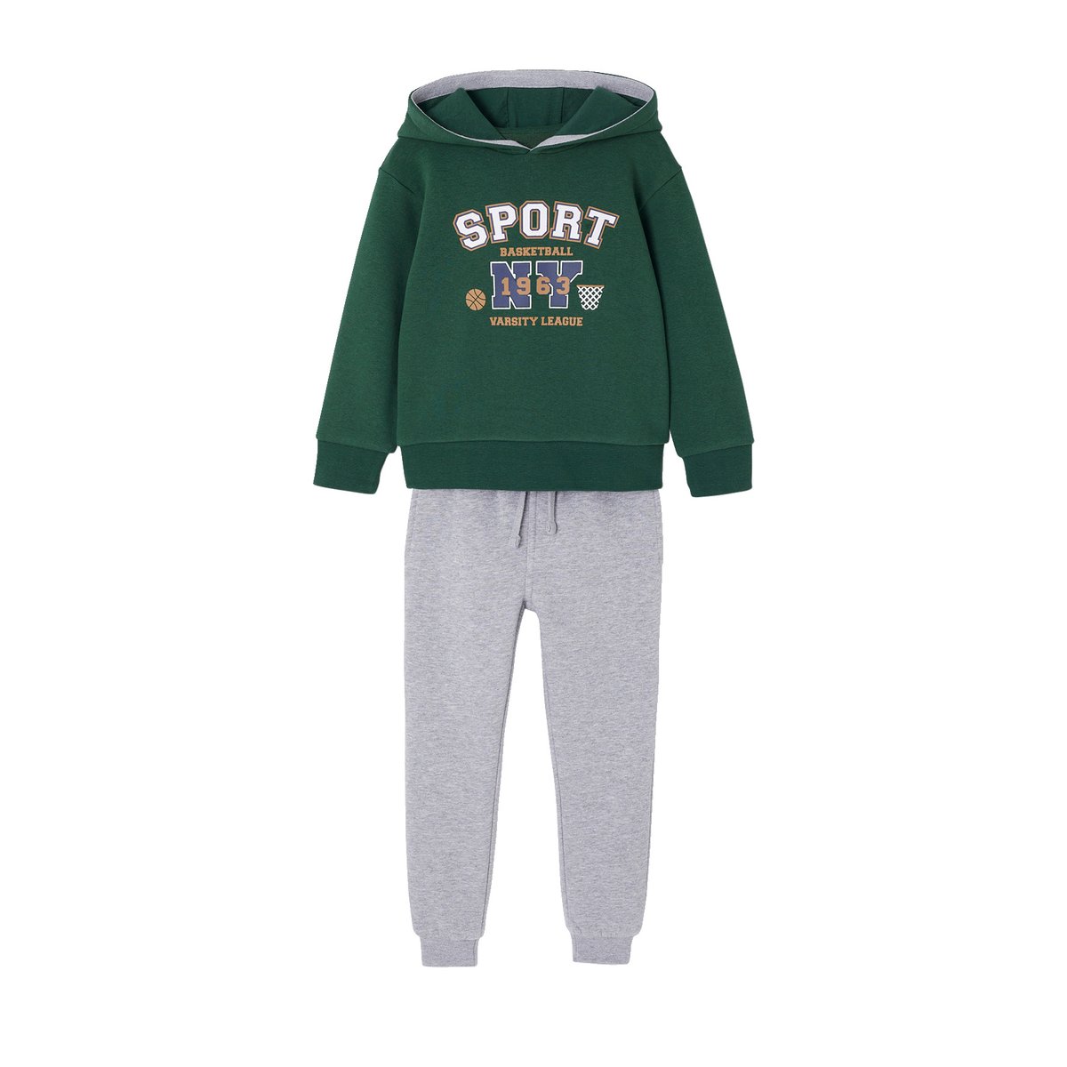 Ensemble Sport Garçon Sweat Capuche imprimé + Jogging Uni lichen, VERTBAUDET