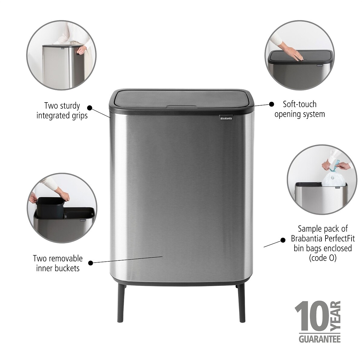 Bo Touch Bin Hi, 2 x 30L matt stainless steel, BRABANTIA
