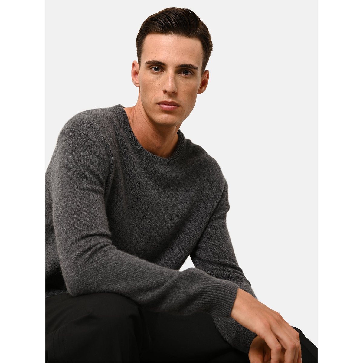 Pull Col Rond 4 Fils Anthracite Chiné Gabin gris anthracite chiné, JUST CASHMERE