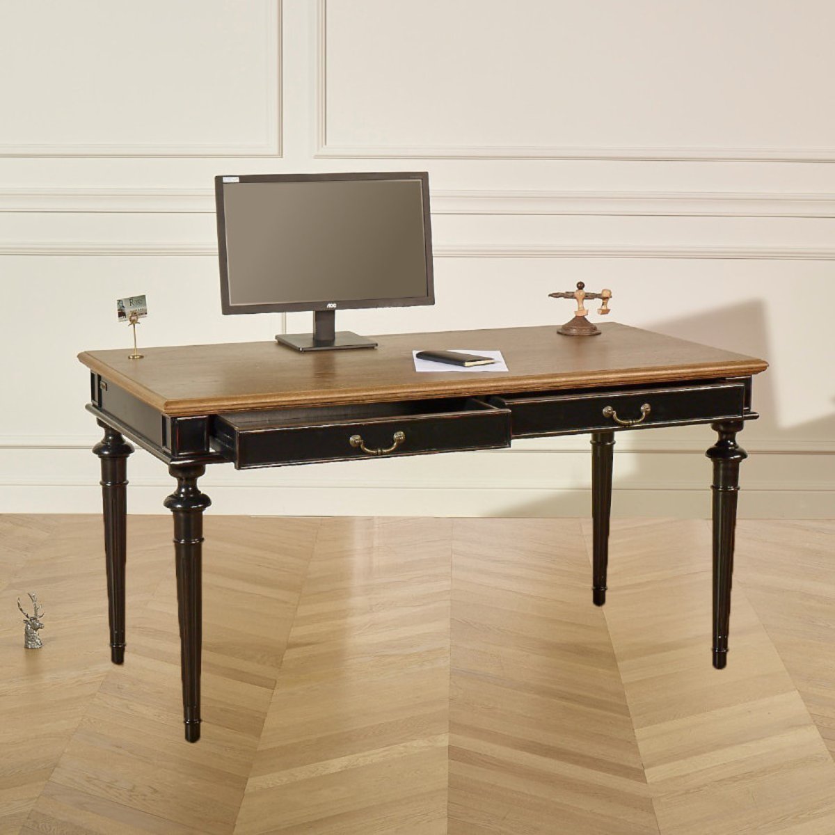 Bureau noir style shabby chic, plateau en chêne, 2 tiroirs YVAN noir, ROBIN DES BOIS