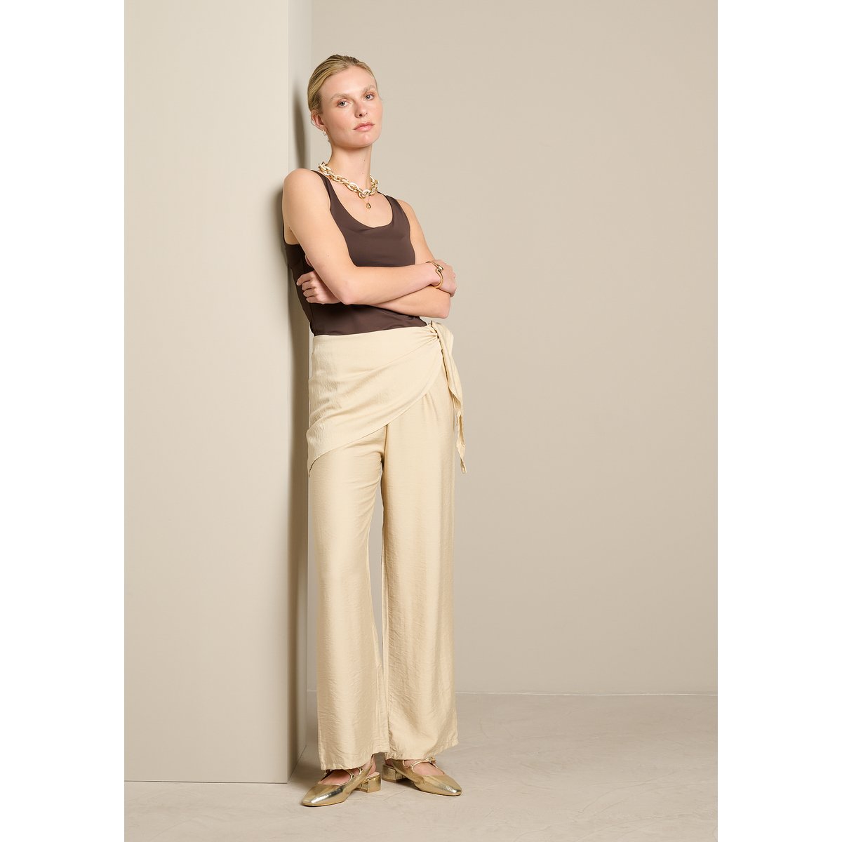 Pantalon fluide effet foulard lt beige, LOLALIZA