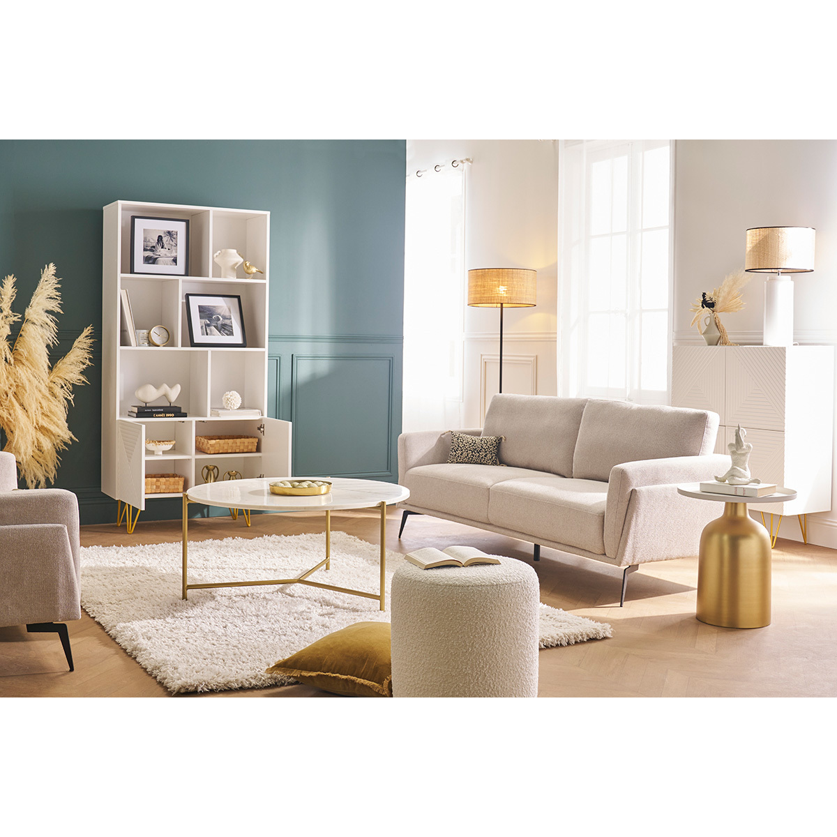 Bibliothèque design gravée blanc mat et métal doré 2 portes L86 cm OZEN blanc, MILIBOO