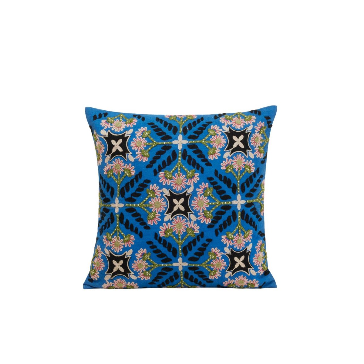 Housse De Coussin en Coton rebrodé d'une broderie florale NAJOUA bleu à coloris multiples, MADURA