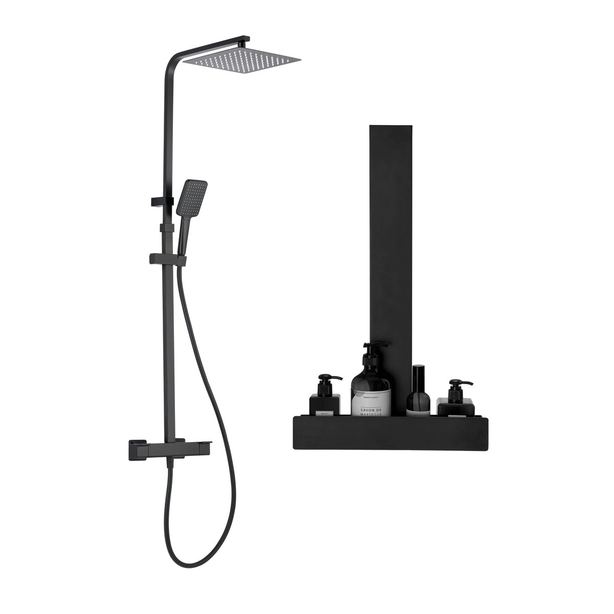 Colonne de douche avec robinet thermostatique et étagère, STUDIO noir, SENSEA