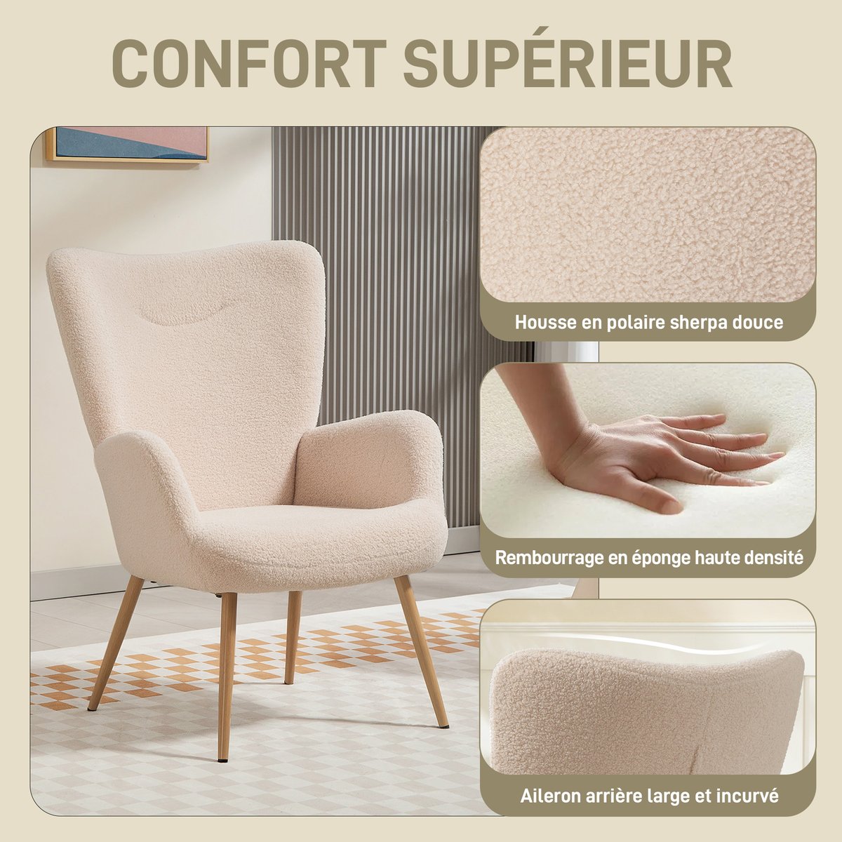 Accent Chair Tissu bouclette Beige beige, HOMCOM