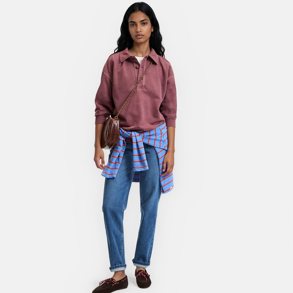 Sudadera cuello polo, algodón puro burdeos, LA REDOUTE COLLECTIONS