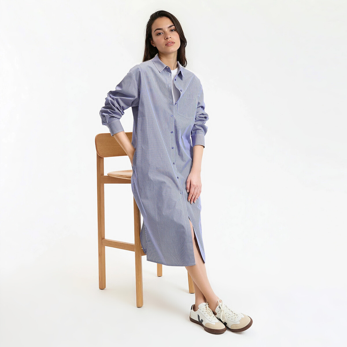 Robe-chemise, longue, à rayures, manches longues rayé bleu/blanc, LA REDOUTE COLLECTIONS