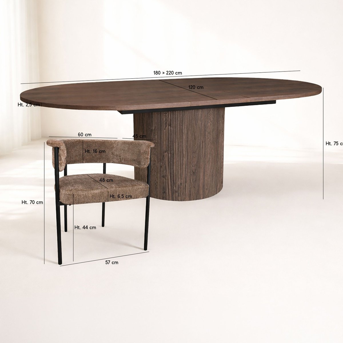 Table ovale extensible 180/220cm et 6 fauteuils en tissu coffee, NOW'S HOME