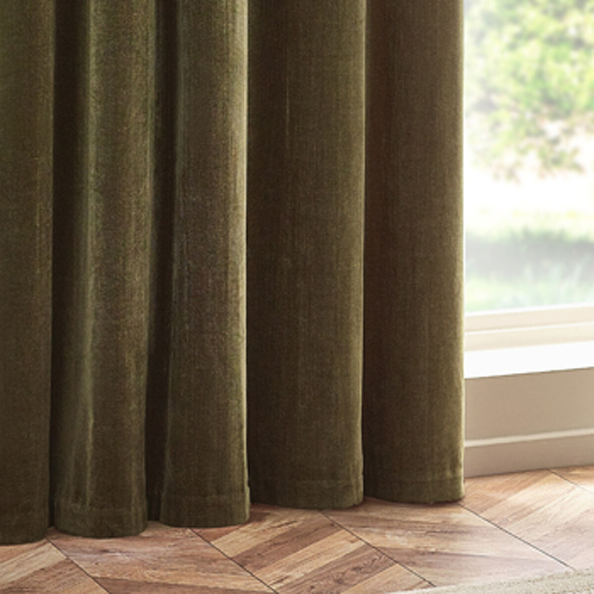 Heavy Chenille Lined Velvet Eyelet Curtains olive, YARD