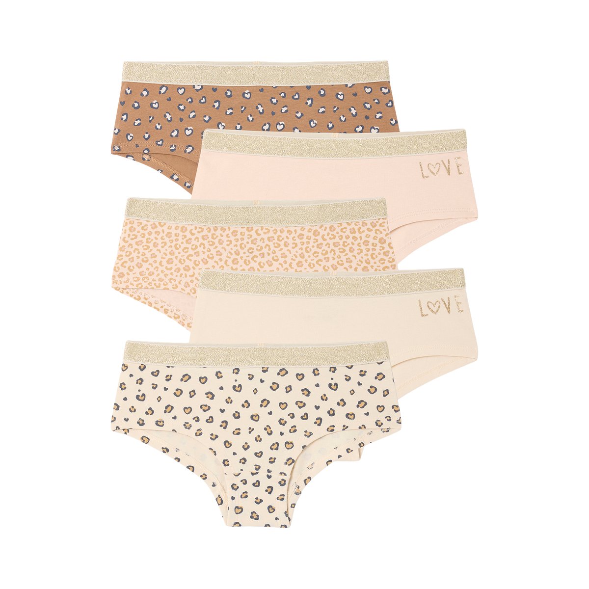 Lot de 5 Shorties Léopard et Love Fille écru, VERTBAUDET