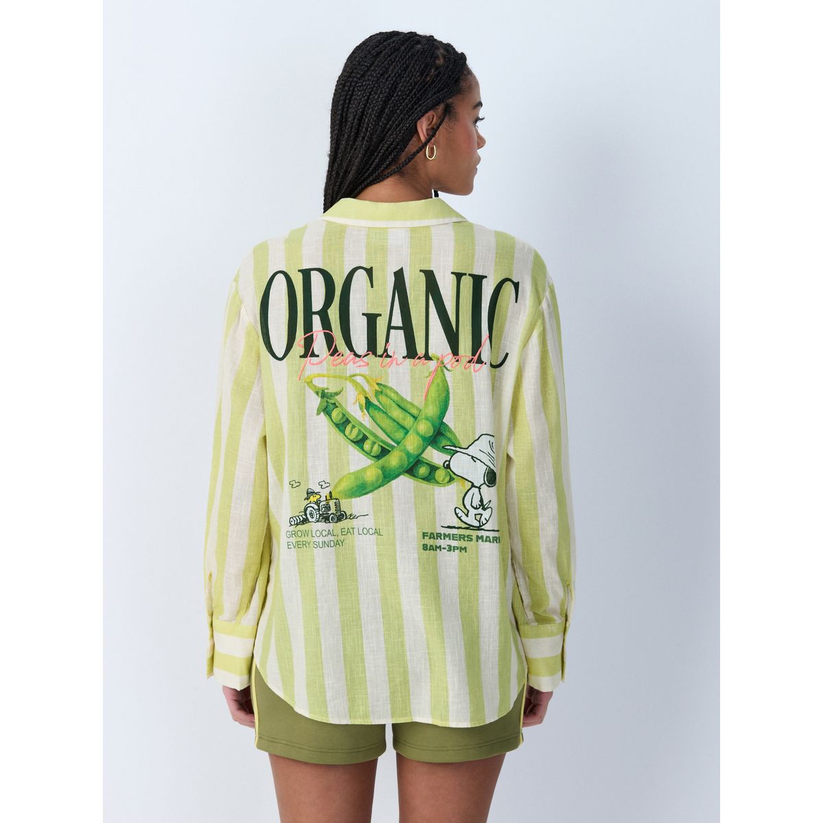 Chemise décontractée manches longues lin bande verte à motif snoopy, NEXT