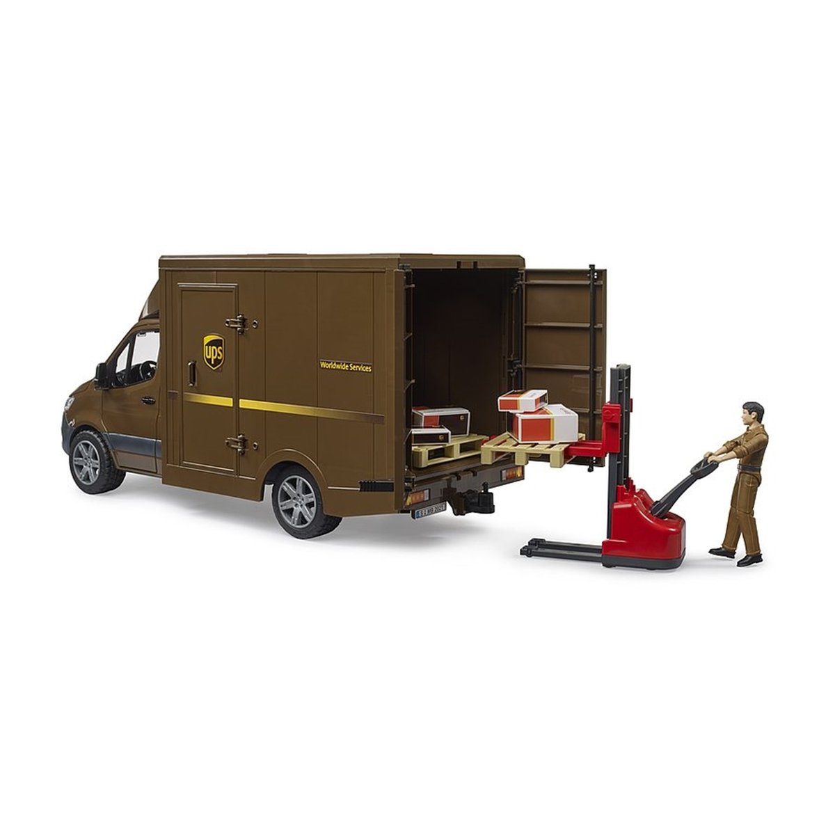 Camion UPS Mercedes Benz Sprinter avec conducteur et accessoires v019845, BRUDER