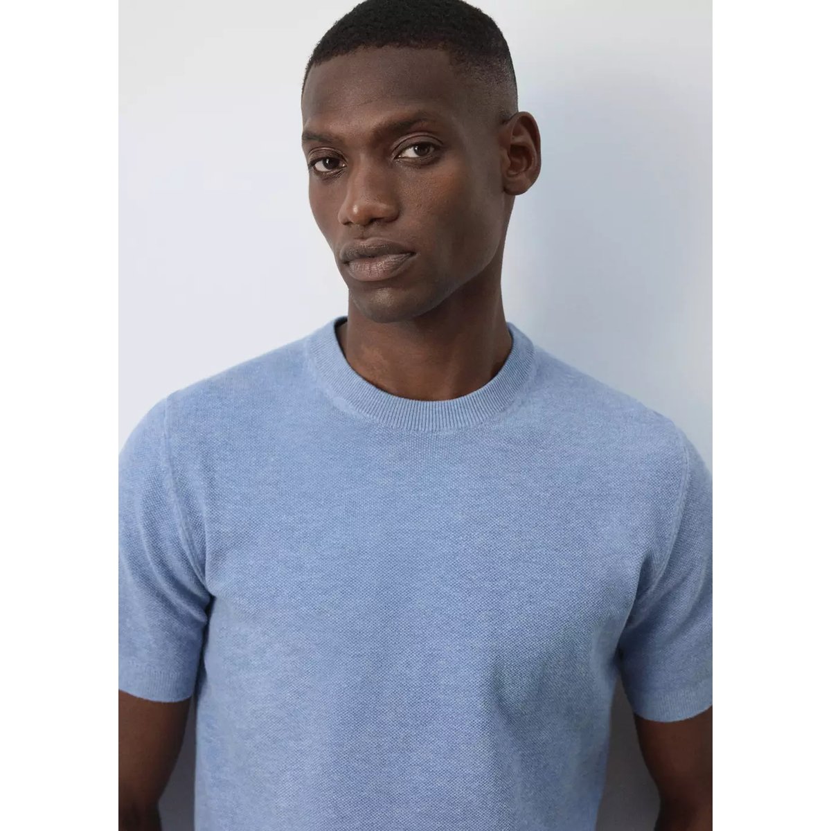 T-shirt maille fine mélange de coton bleu, MANGO MAN
