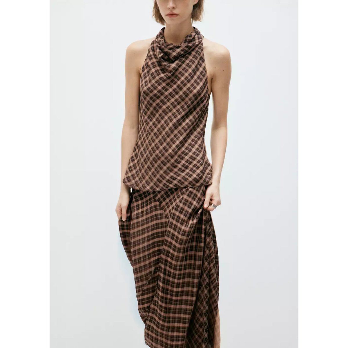 Jupe asymétrique carreaux marron, MANGO