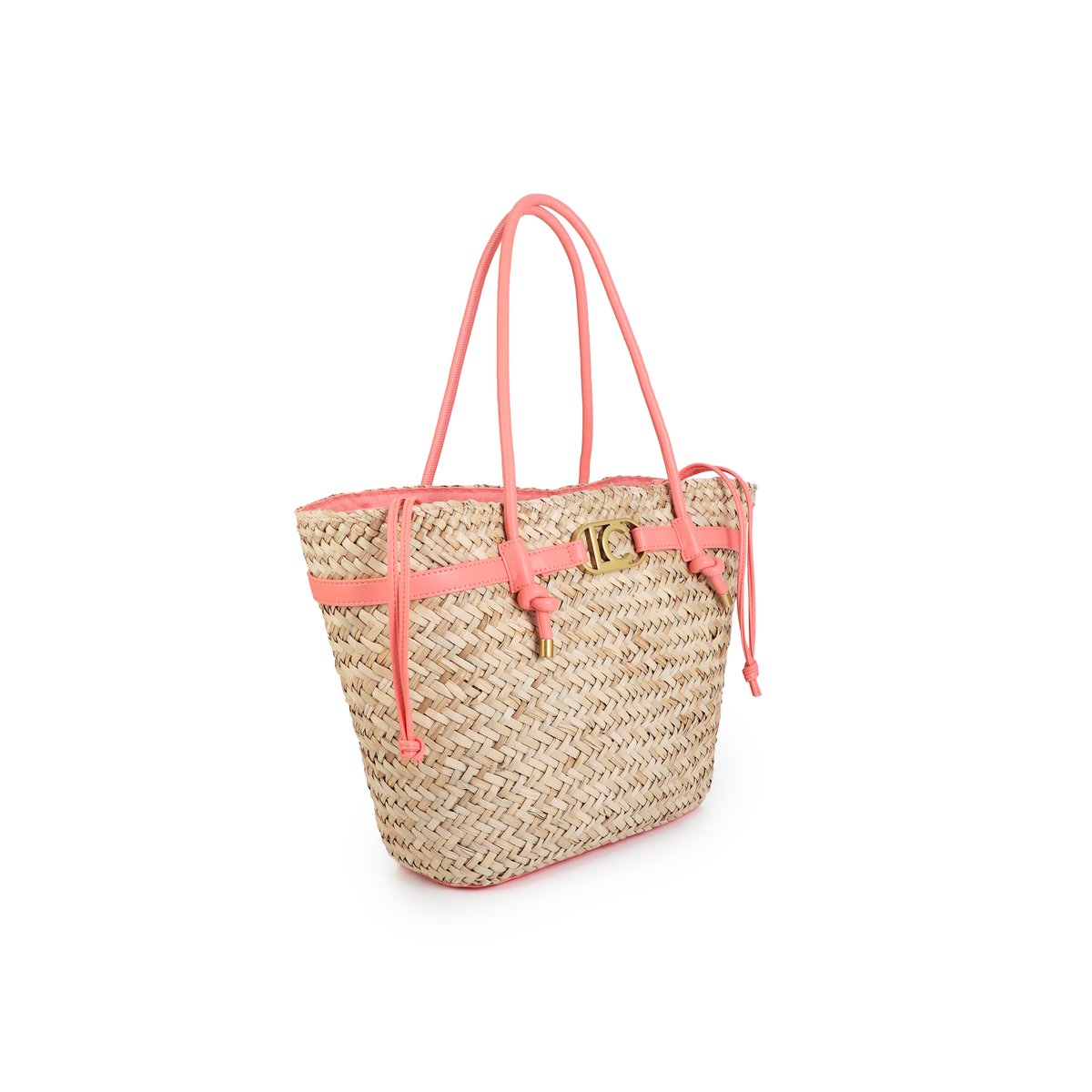 Panier tressé avec bandeau logo et anses contrastantes rose, LOLA CASADEMUNT
