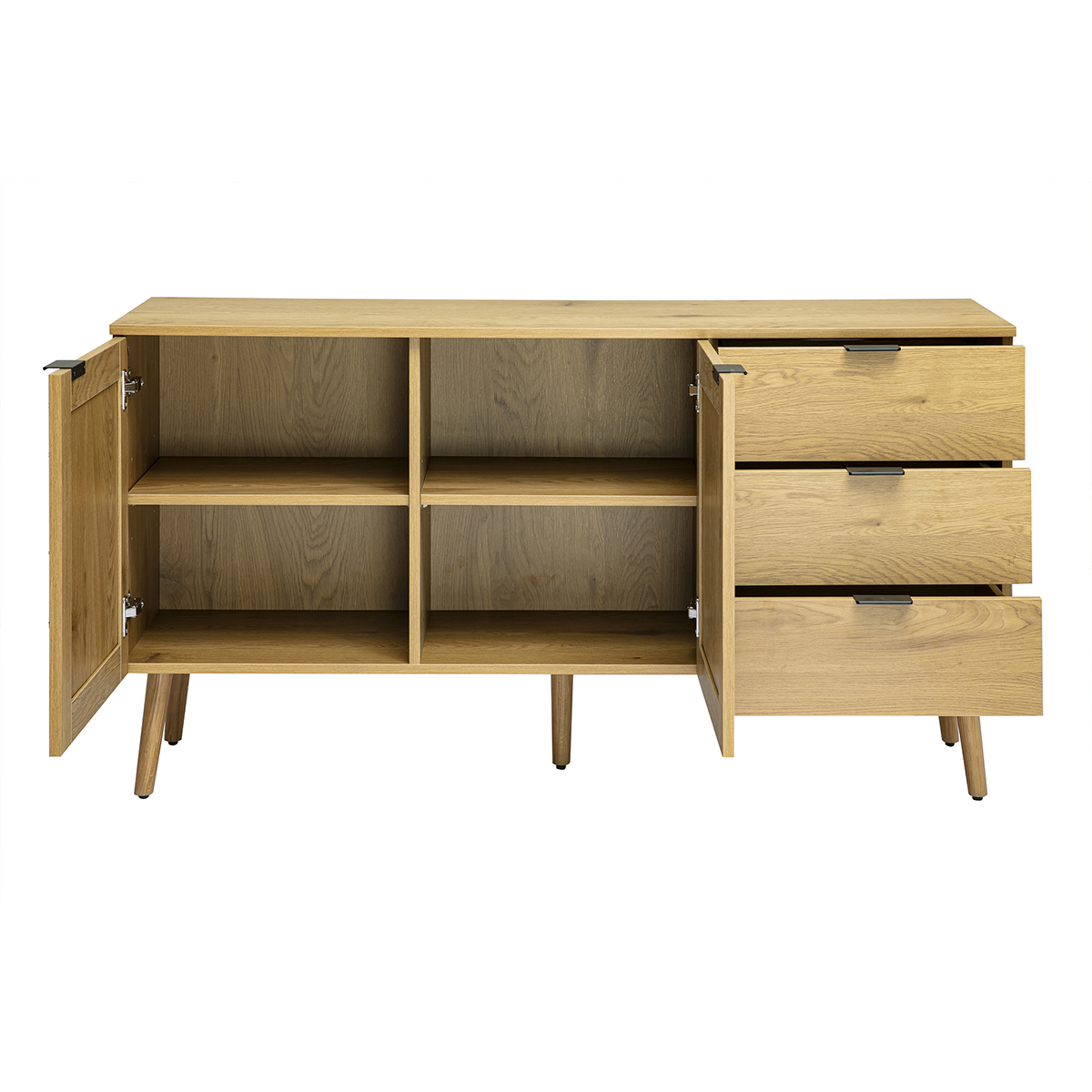 Buffet finition bois clair, cannage en rotin et métal noir 2 portes, 3 tiroirs L135 cm MANILLE couleur unique, MILIBOO