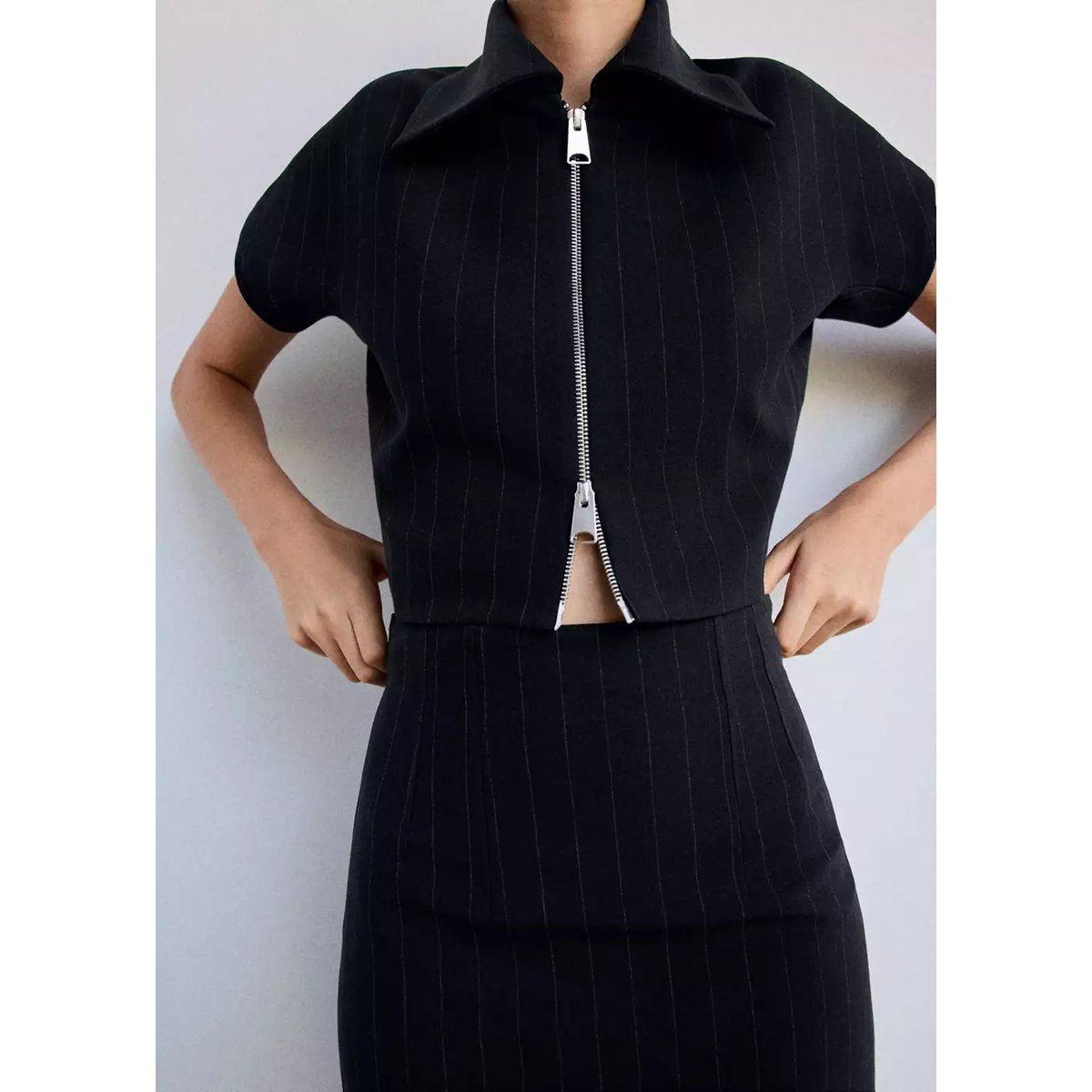 Gilet chemise fines rayures bleu marine, MANGO