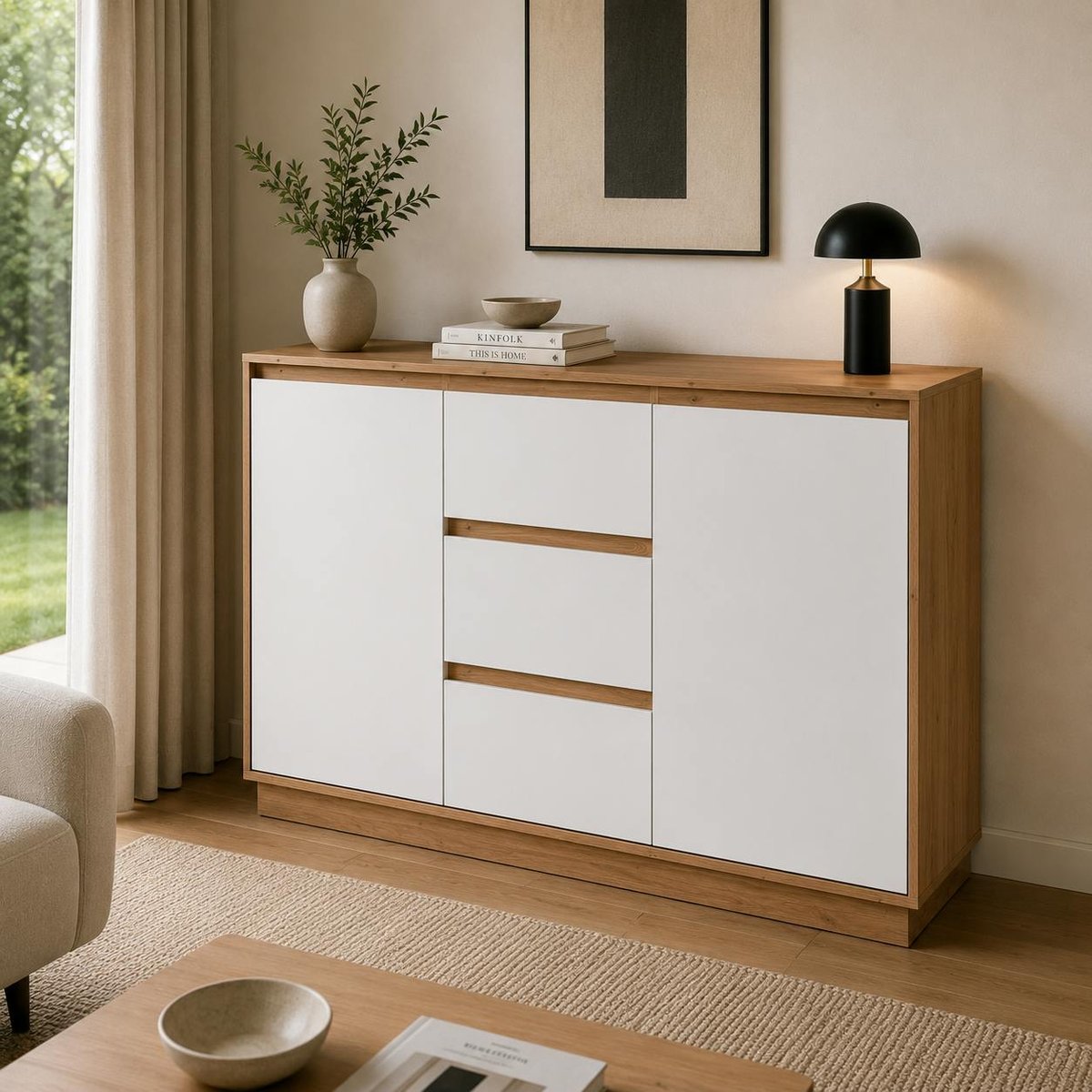 Buffet 2 portes 3 tiroirs décor bois et blanc ALVA blanc, PIER IMPORT