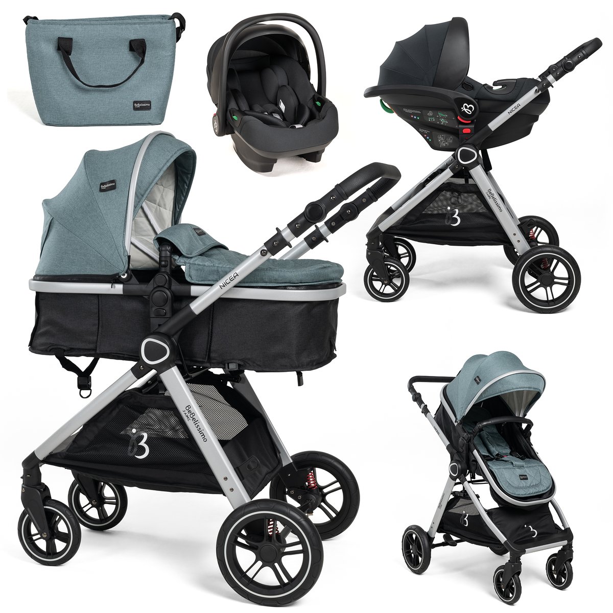Poussette combinée trio 3 en 1 - siège auto I-size 40-87cm  – nacelle – dès la naissance – jusqu’à 22kg  - Nicea vert, BEBELISSIMO J'AIME