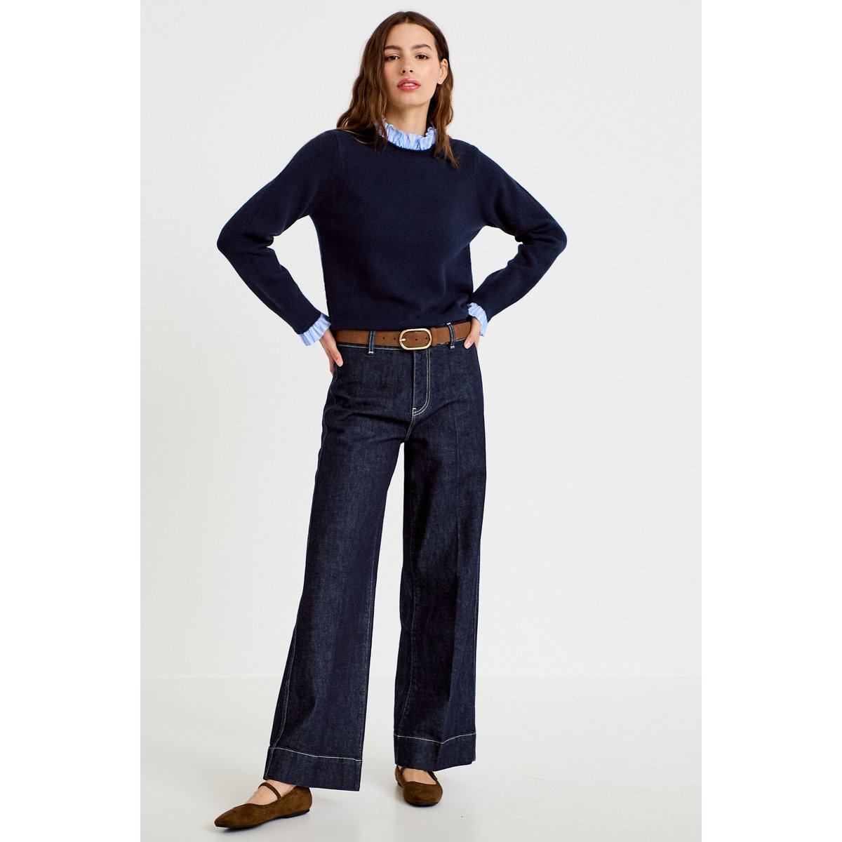Pull col chemise manches longues bleu marine, CACHE CACHE