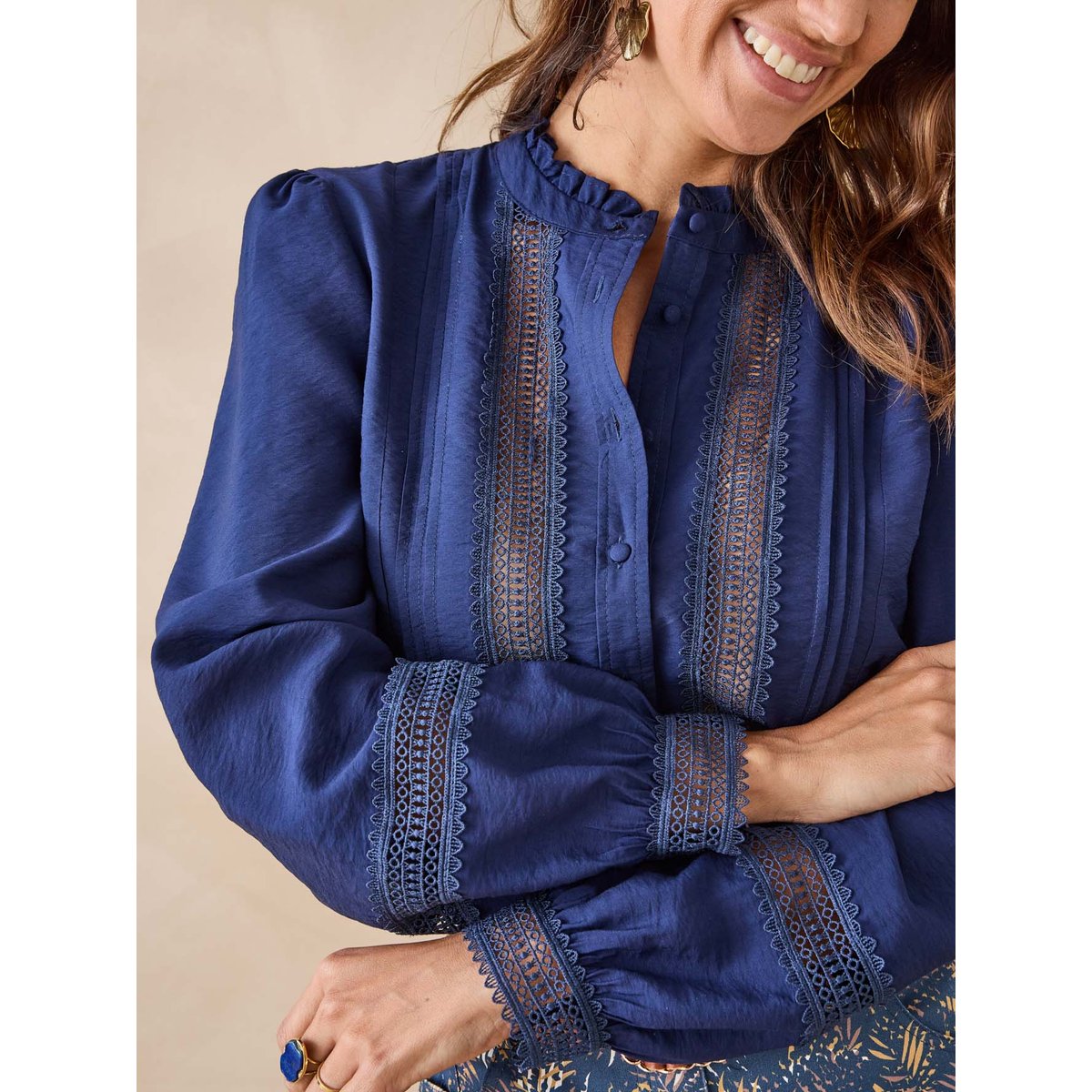 Blouse volantée plis nervurés marine, DAXON