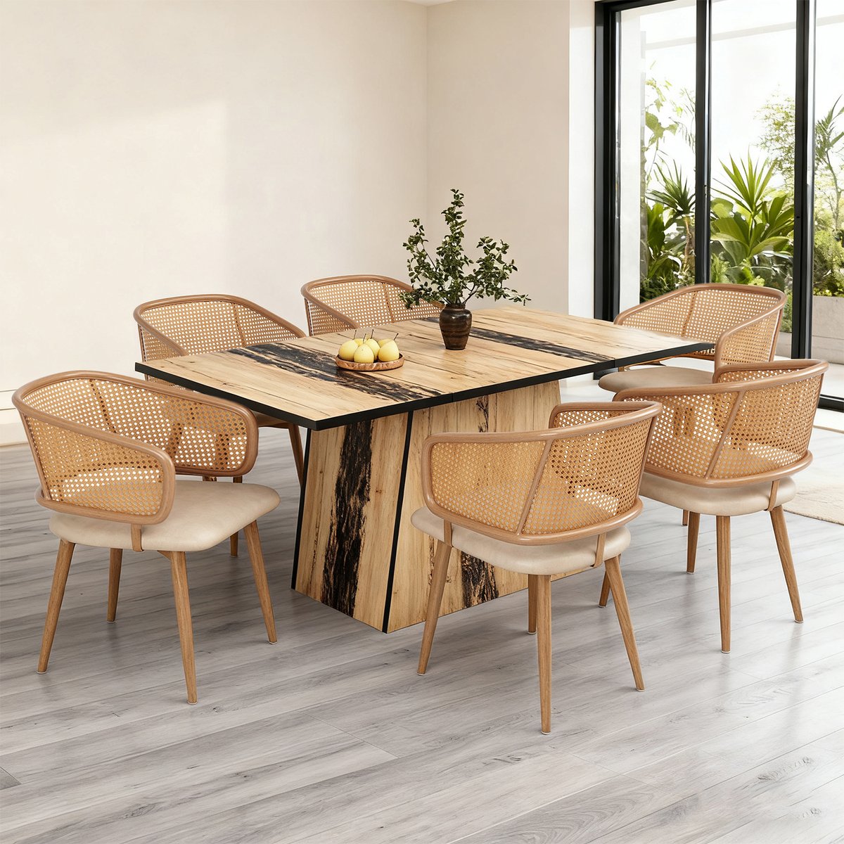 Lot de 6 chaises de salle à manger en velours avec dossier en rotin style moderne et confortable, DEWR beige, MEUBLES COSY