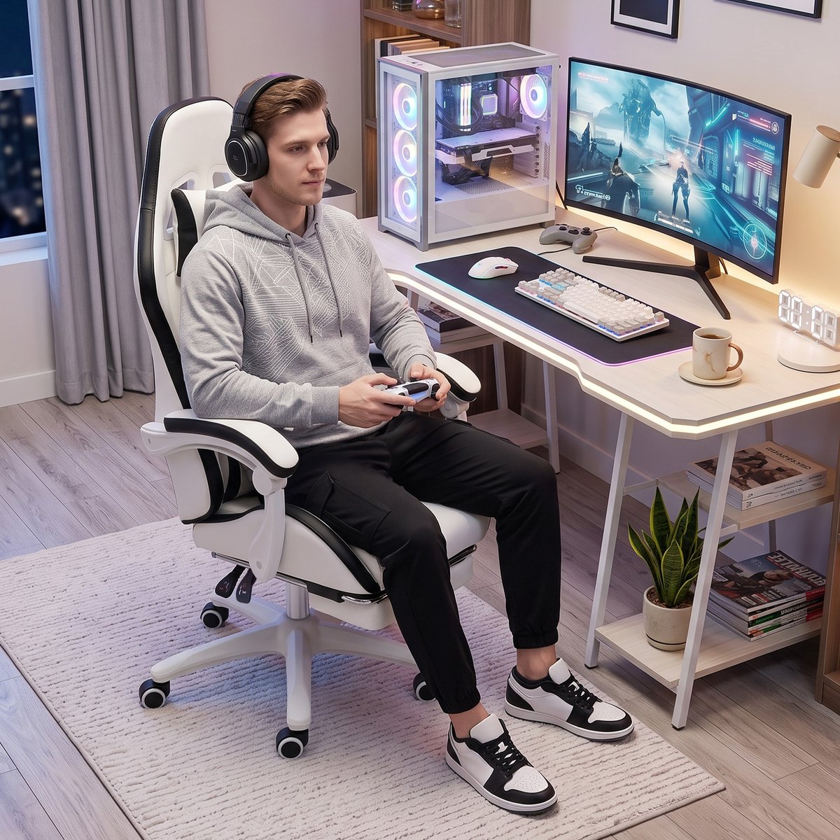 Fauteuil gaming Revêtement synthétique Noir noir et blanc, HOMCOM