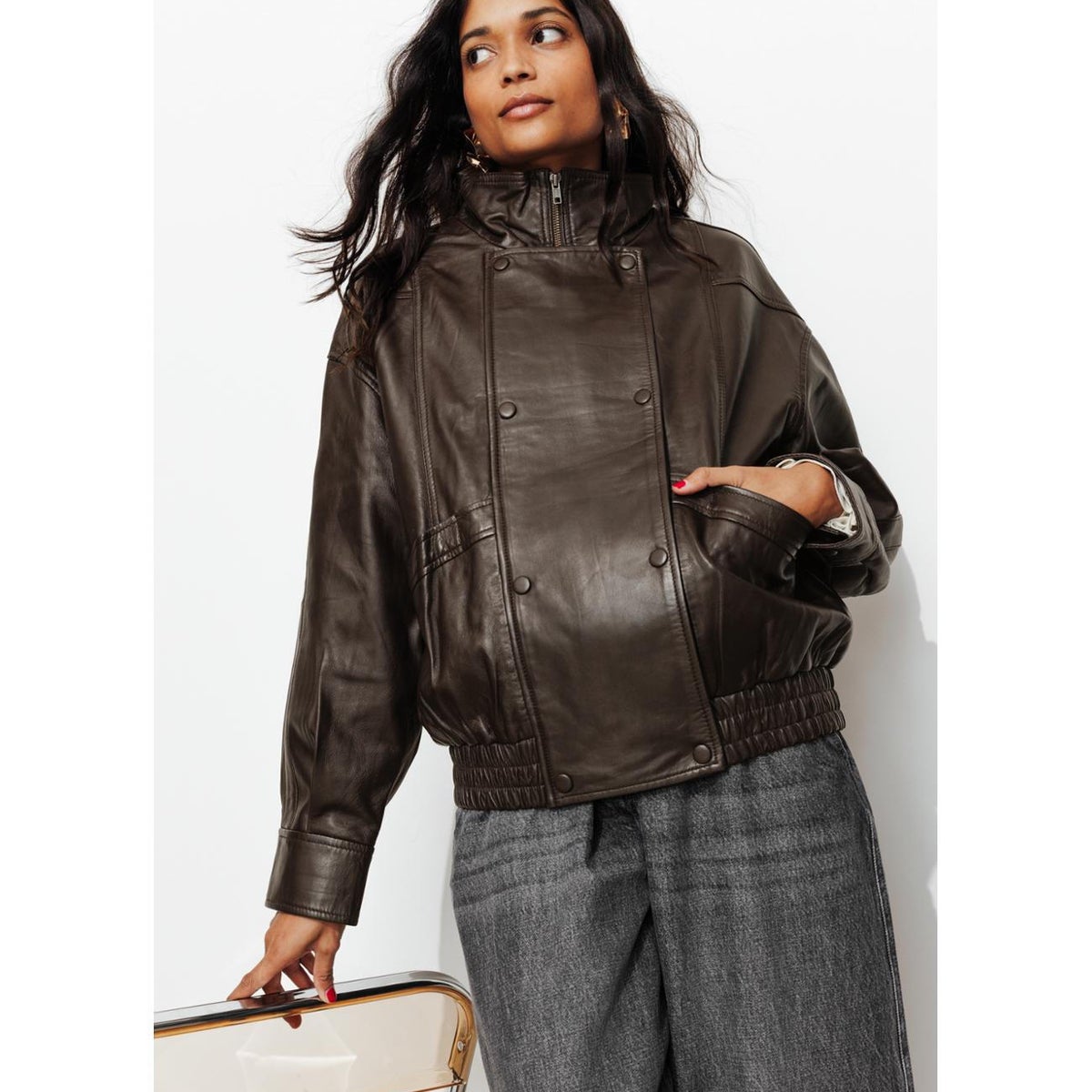 Blouson oversize 100% cuir marron, PROMOD