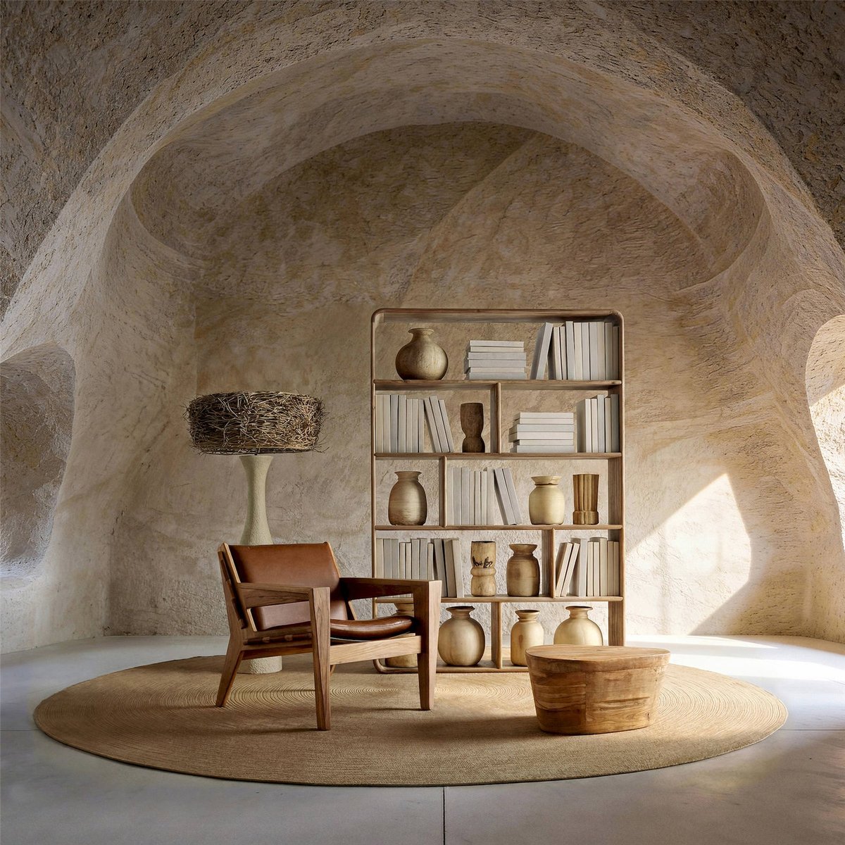 Bibliothèque coloniale en bois d'orme brun clair patiné, RECOLLECTION