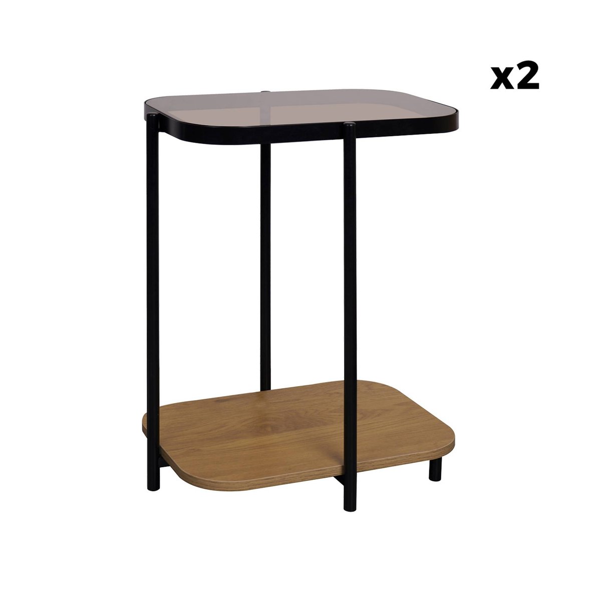 Bouts de canapé, sellette vintage métal et décor bois plateaux en verre (lot de 2) SMOOKY naturel, SWEEEK