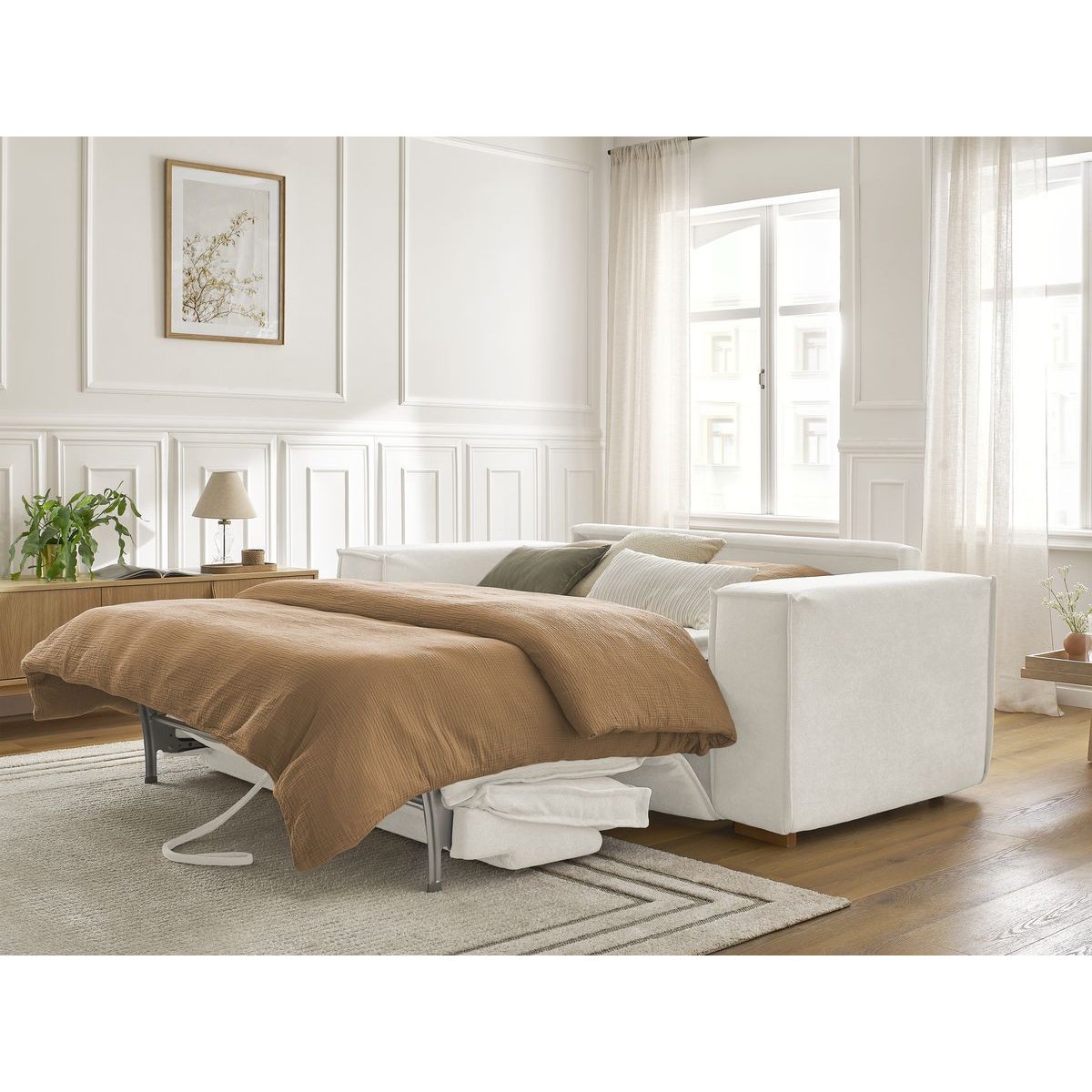 Canapé lit 3 places en tissu texturé couchage 140x200 cm, CHELSEA blanc, BOBOCHIC