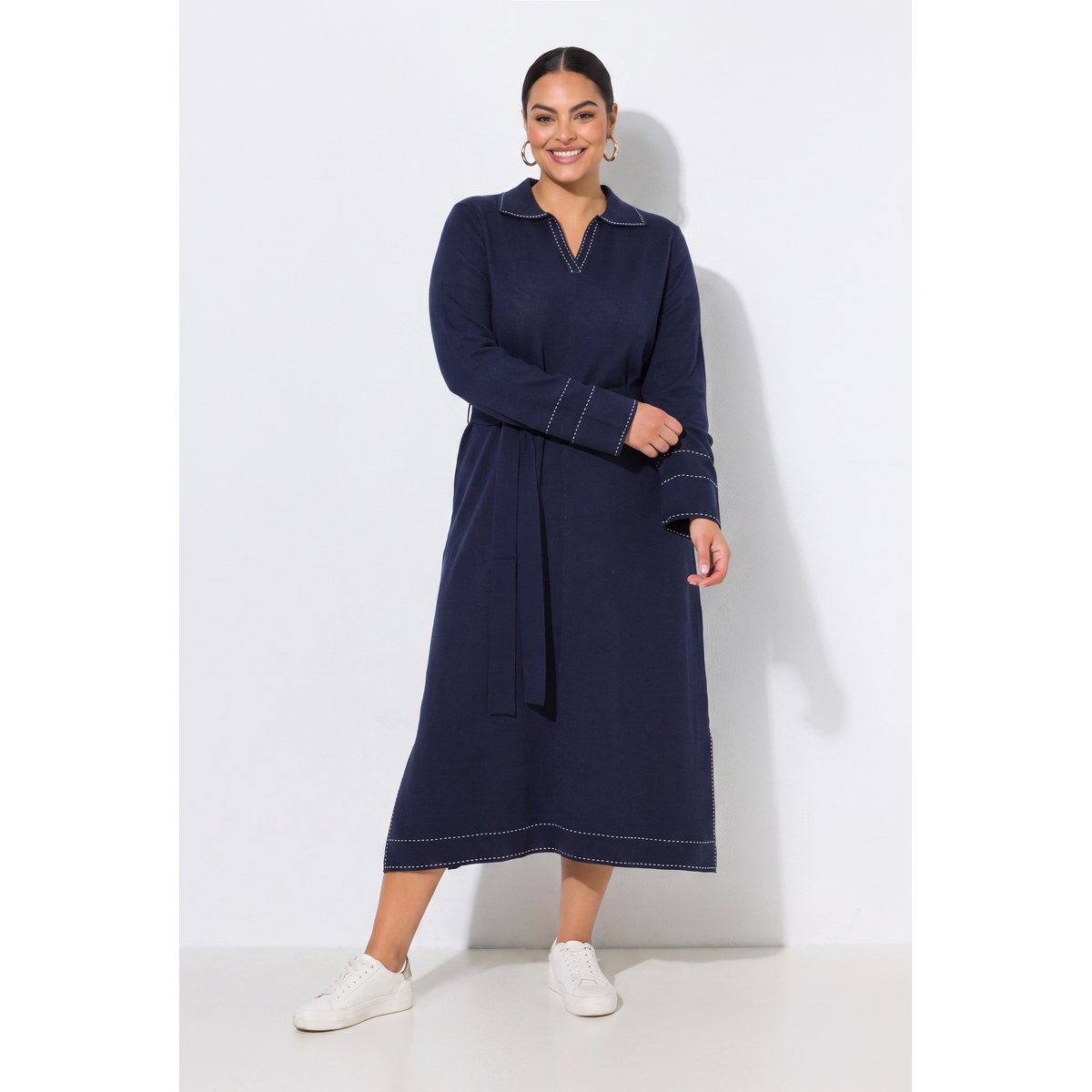 Robe maxi en maille, col chemise marine, ULLA POPKEN