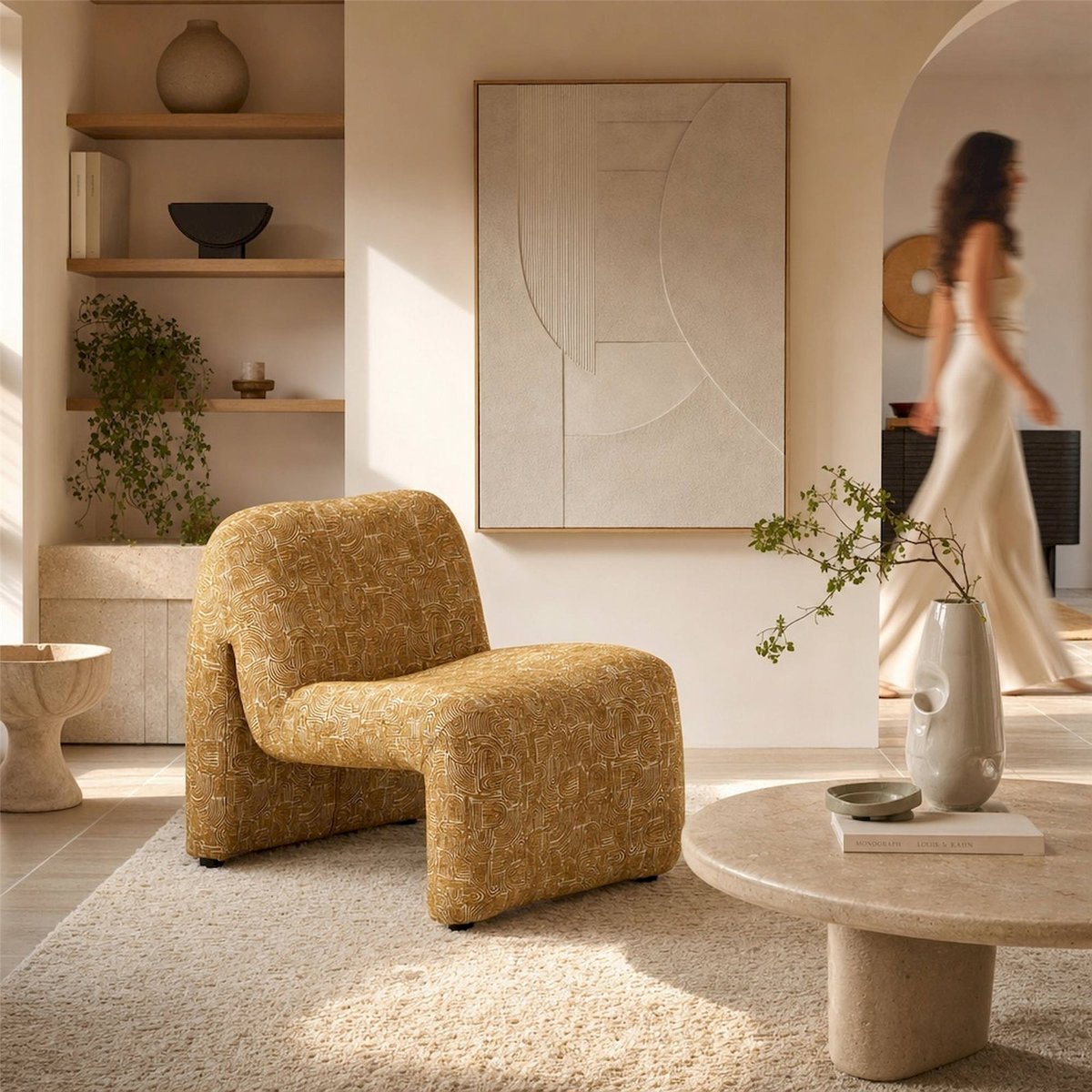 Chaise longue en tissu motif graphique ocre, RECOLLECTION