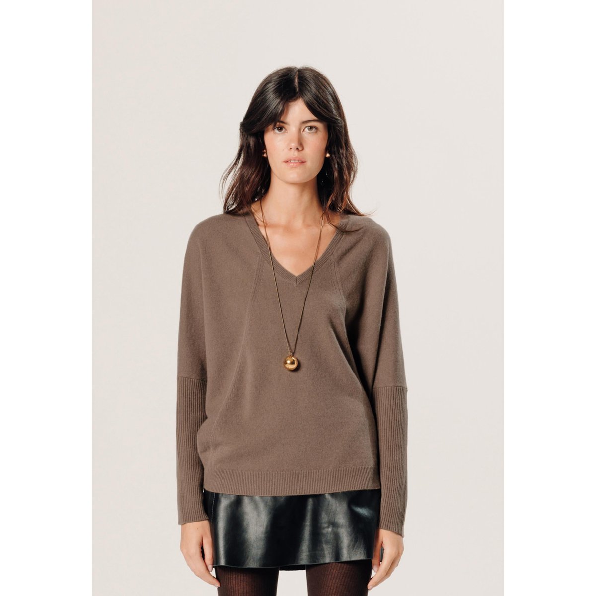 Pull col V oversize en cachemire marron havane, RODIER