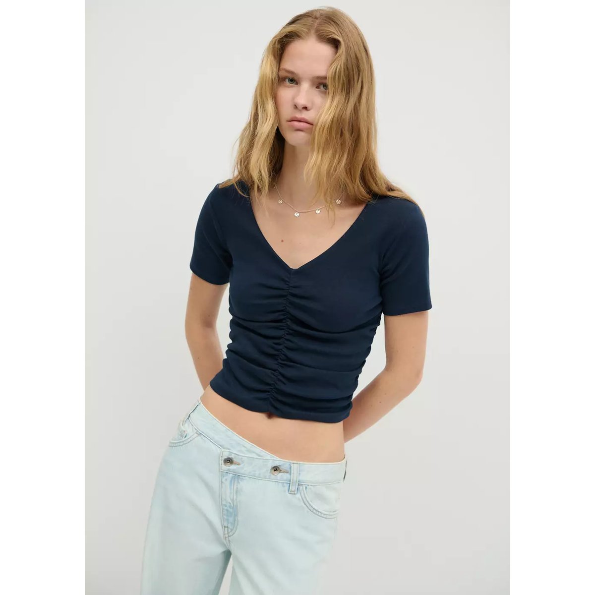 T-shirt coton drapé bleu marine, MANGO TEEN
