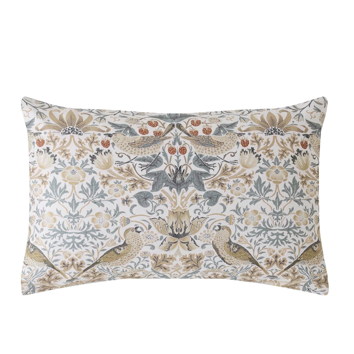 Parure de lit, housse de couette fleurie + 2 taies pour grand  lit 2 personnes Fraisier et grives beige, tonalités douces, WILLIAM MORRIS AT HOME