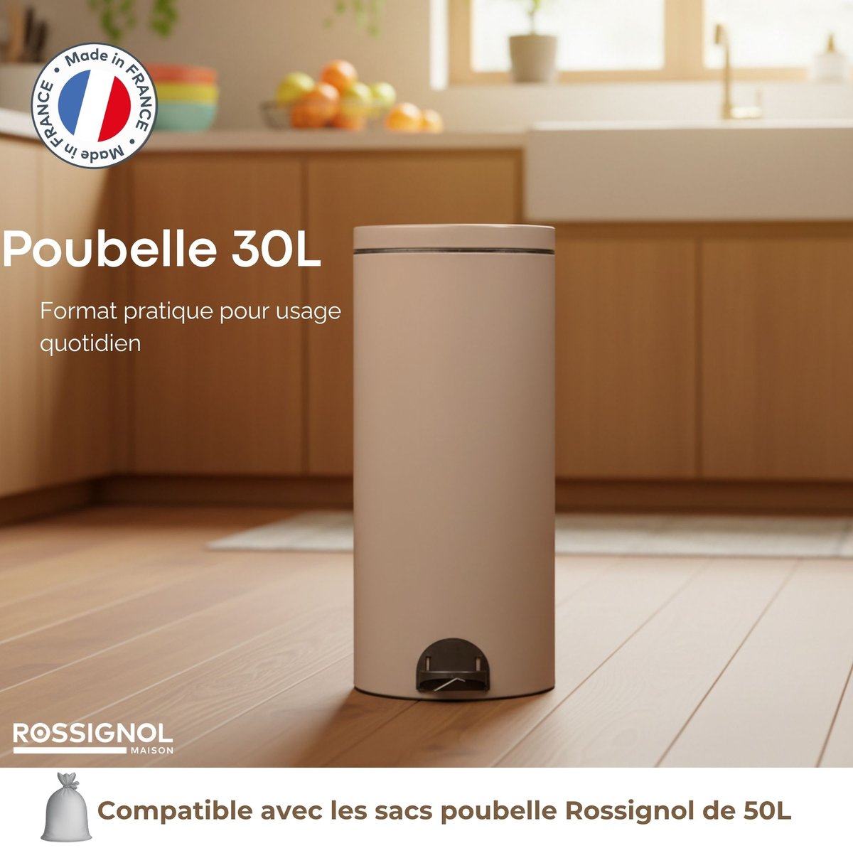 Poubelle de cuisine à pédale 30L Fabriqué en France - ELORA moka, ROSSIGNOL